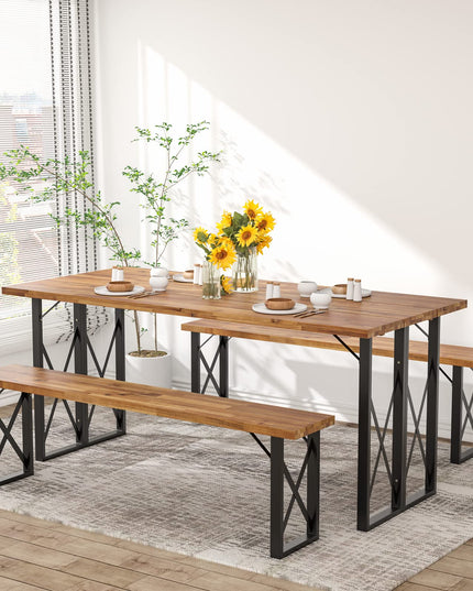 Giantex Outdoor Picnic Table Set with 2 Benches, Acacia Wood Patio Dining Table Set for 6 or 4 Persons, with 2” Umbrella Hole