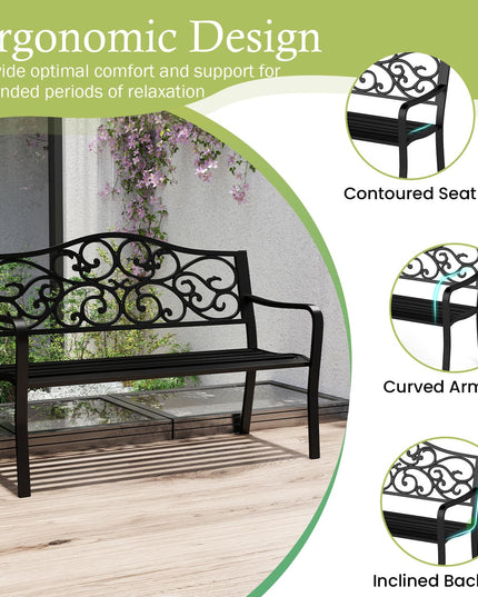 Giantex Outdoor Bench with Floral Pattern Ergonomic Backrest & Slatted Surface