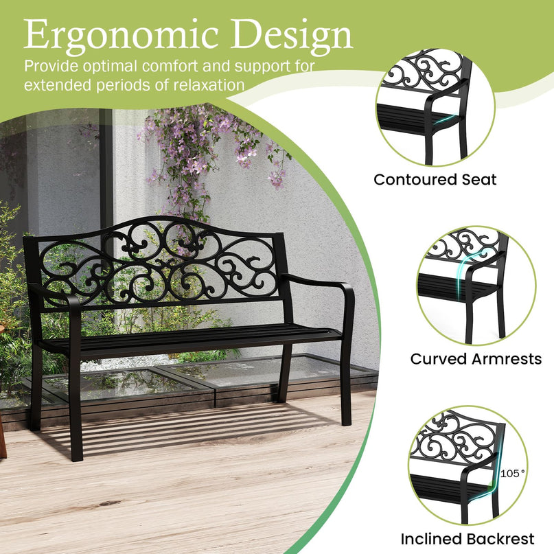 Giantex Outdoor Bench with Floral Pattern Ergonomic Backrest & Slatted Surface