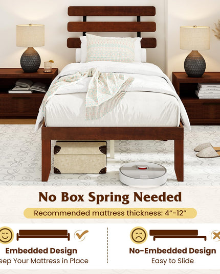 Giantex Mid-Century Modern Solid Wood Platform Bed with Wooden Slats Support & Retro Headboard