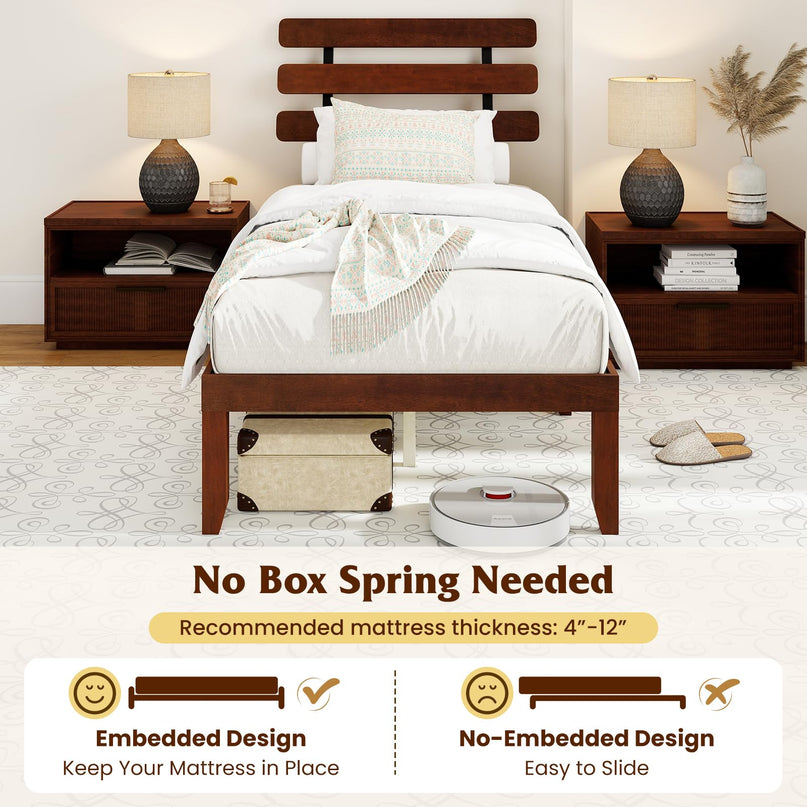 Giantex Mid-Century Modern Solid Wood Platform Bed with Wooden Slats Support & Retro Headboard