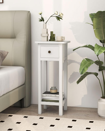 Giantex Narrow End Table with Drawer, Tall Acacia Wood Side Table with Bottom Shelf, Modern Bedside Tables