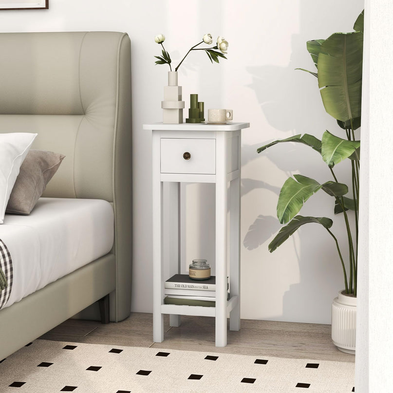 Giantex Narrow End Table with Drawer, Tall Acacia Wood Side Table with Bottom Shelf, Modern Bedside Tables