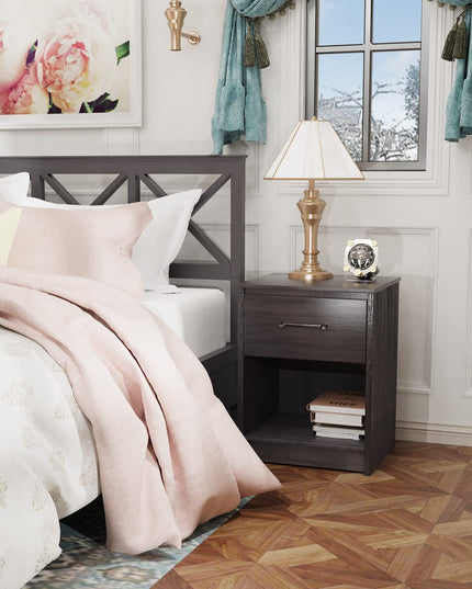 Nightstand w/Drawer, Wooden End Table w/Open Storage Compartment