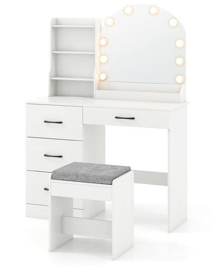 Vanity Desk with Lights - Makeup Vanity Table with Charging Station, 4 Drawers, 3 Storage Shelves