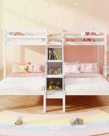 Giantex Twin Over Twin & Twin Bunk Bed, Triple Bunk Beds with 4-Step Storage Stair, Wooden 3 Bunk Beds for Kids Teens