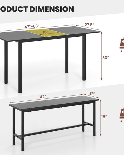 Giantex Dining Room Table Set for 4-6, 3 Piece Dining Table Set, 63” Extendable Dining Table with 2 Benches