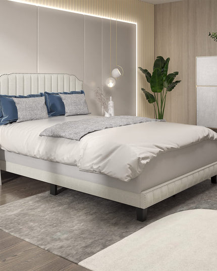 Giantex Upholstered Bed Frame, Linen Platform Bed w/Rivet Headboard, Heavy Duty Mattress Foundation
