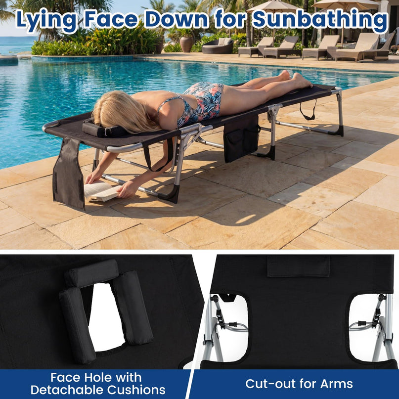(下架）Giantex Tanning Chair Folding Beach Chair w/Face Arm Hole, Washable Pillow, Pocket