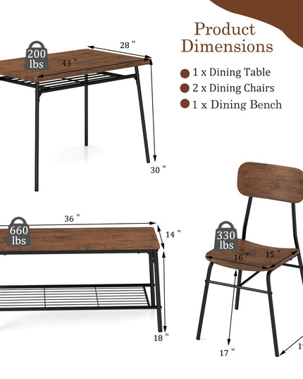 Giantex Dining Table Set for 4, Kitchen Table with Bench & 2 Chairs, Storage & Metal Frame