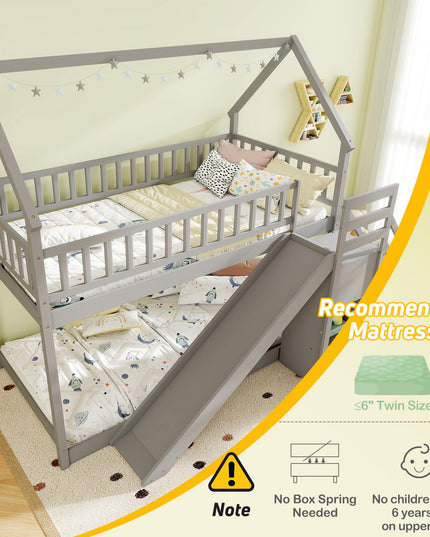 Giantex House Bunk Bed Twin Over Twin with Slide & Stairs for Kids Teens