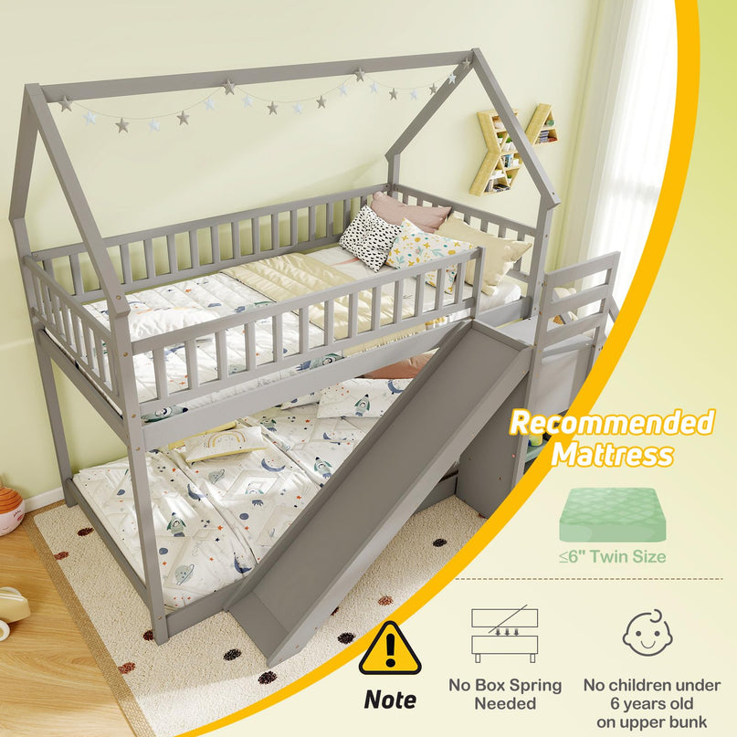Giantex House Bunk Bed Twin Over Twin with Slide & Stairs for Kids Teens