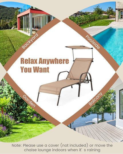 Giantex Patio Chaise Lounge Chair - Outdoor Beach Chair with Adjustable Canopy, Metal Frame Sunbathing Lounger for Outside