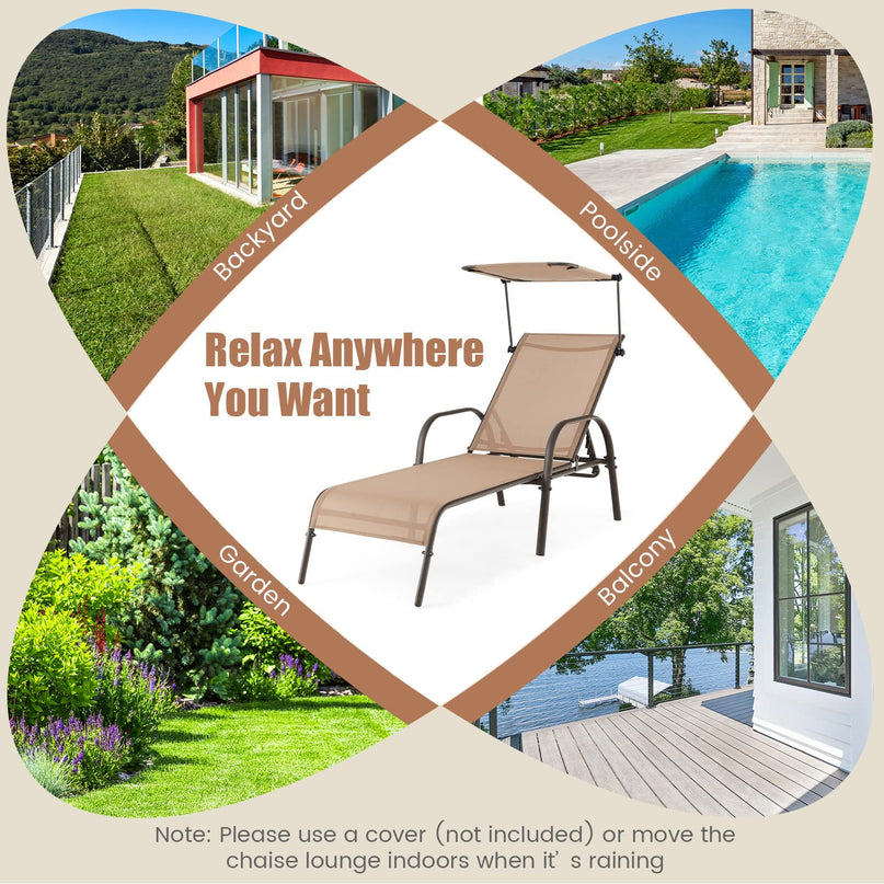 Giantex Patio Chaise Lounge Chair - Outdoor Beach Chair with Adjustable Canopy, Metal Frame Sunbathing Lounger for Outside