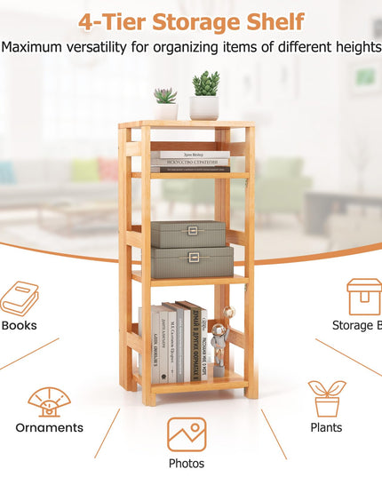 Giantex 4-Tier Bookshelf, 34.5" Floor Storage Shelf w/Rubber Wood Frame, Anti-Toppling Kits, 14" x 13" x 34.5"