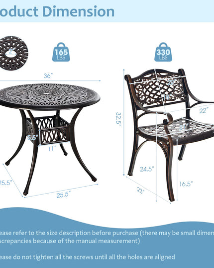Giantex Ensemble bistrot de jardin 3 pièces, en aluminium moulé, table de jardin ronde avec trou pour parasol, 2 chaises de jardin