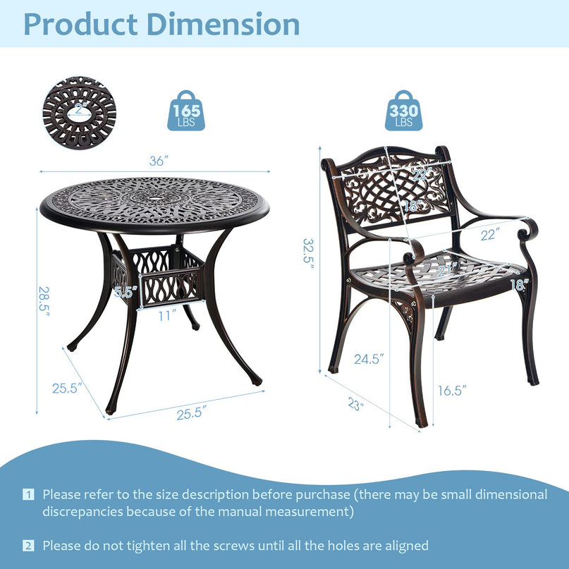 Giantex 3 Pcs Patio Bistro Set, Cast Aluminum Outdoor Dining Set,Round Patio Table with Umbrella Hole, 2 Patio Chairs
