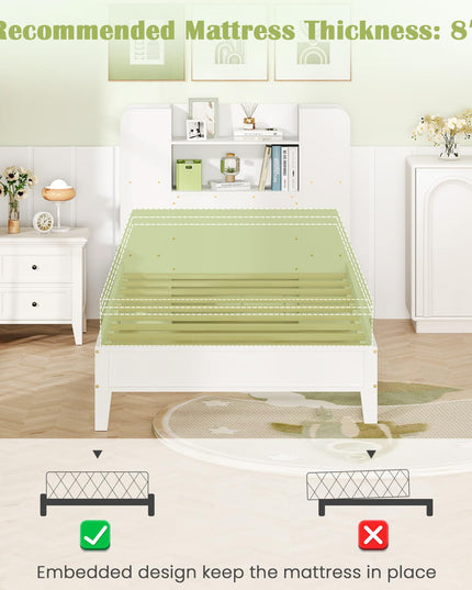 Giantex Twin Bed Frames for Kids, Wooden Twin Size Bed with Storage Bookcase Headboard