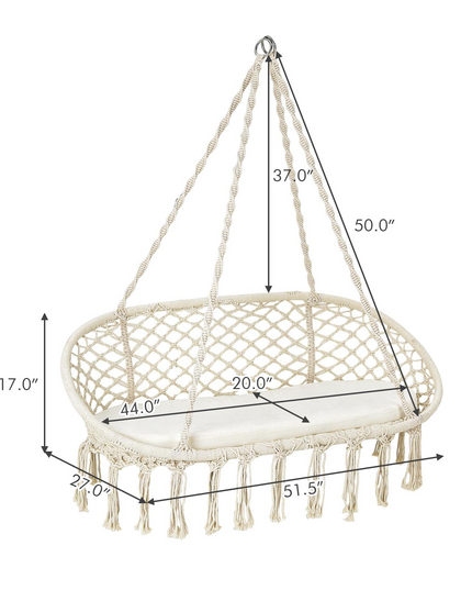 Hammock Chair 2 Seat, Macrame Hanging Chair with Cushion