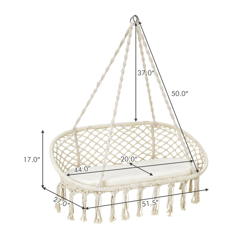 Hammock Chair 2 Seat, Macrame Hanging Chair with Cushion