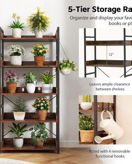Giantex 5 Tier Bookshelf with 4 Hooks Set of 2 for Living Room