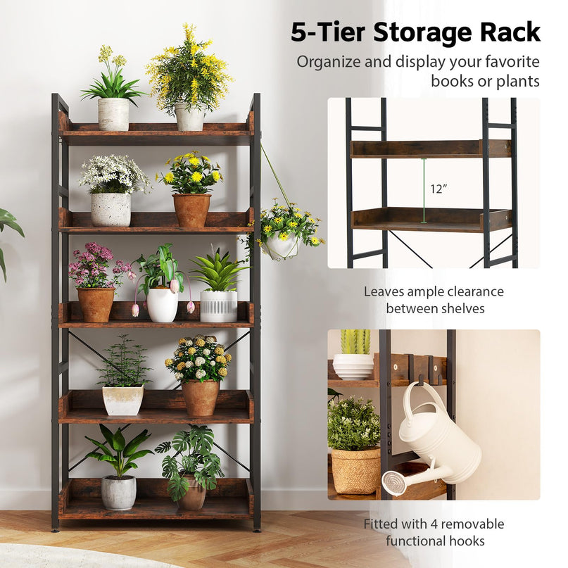 Giantex 5 Tier Bookshelf with 4 Hooks Set of 2 for Living Room
