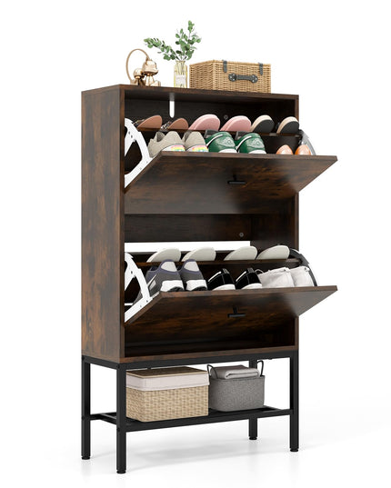 Giantex Shoe Storage Cabinet - Hidden Shoe Organizer with 2 Flip Drawers, Adjustable & Removable Interior Shelves