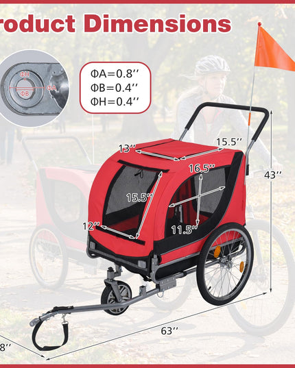 Giantex 2-in-1 Dog Bike Trailer & Pet Stroller for Large Dogs – Foldable Pet Carrier Cart with Front Caster & 2 Air-Filled Tires