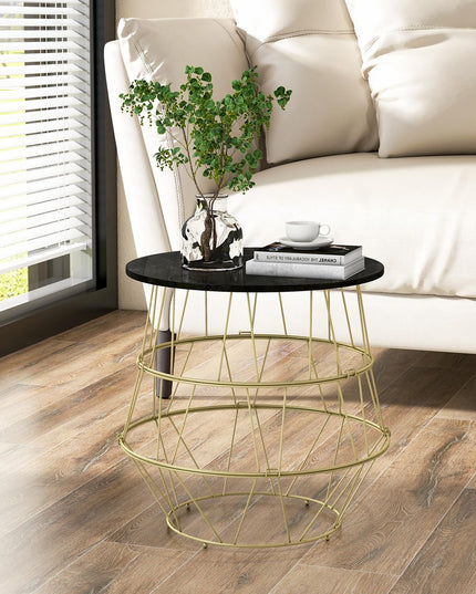Giantex Round Coffee Table, Faux Marble Side End Table with Gold Metal Frame & Removeable Top