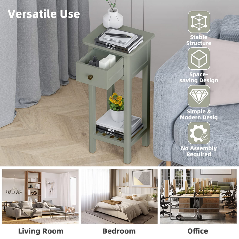 Small End Table | Wooden Slim Side Table for Small Space