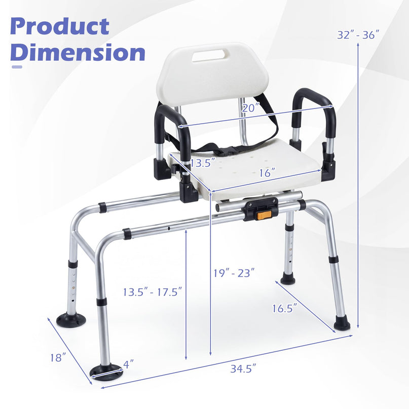 Chaise de Douche Coulissante Giantex avec Siège Pivotant, Accoudoirs Rembourrés Relevables et Ceinture de Sécurité pour Personnes Âgées