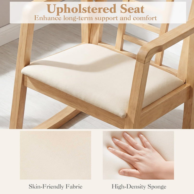 Giantex Solid Rubber Wooden Rocking Chair with Fabric Upholstered Seat (1/2)