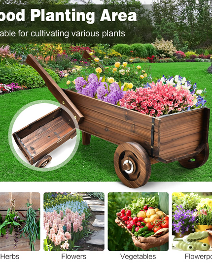 Giantex Wooden Wagon Planter Box, Decorative Wagon Cart with Wheels, Handles