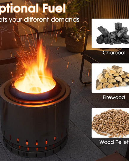 Giantex Smokeless Fire Pit for Outside - 19.5 Inch Stainless Steel Wood Burning Firepit with Protective Cover