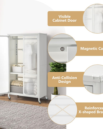 Portable Closet with Rollers, Mobile Metal Armoire Closet with Hanging Rod