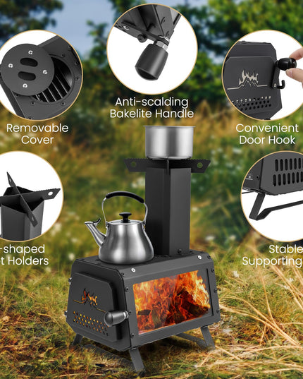 Giantex Portable Camping Wood Stove - Mini Wood Burning Stove w/ 2 Cooking Positions
