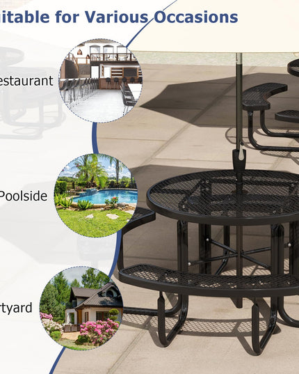 Giantex Round Picnic Table Set for 8 Persons, 45 Inch Outdoor Table and Bench Set with Umbrella Hole