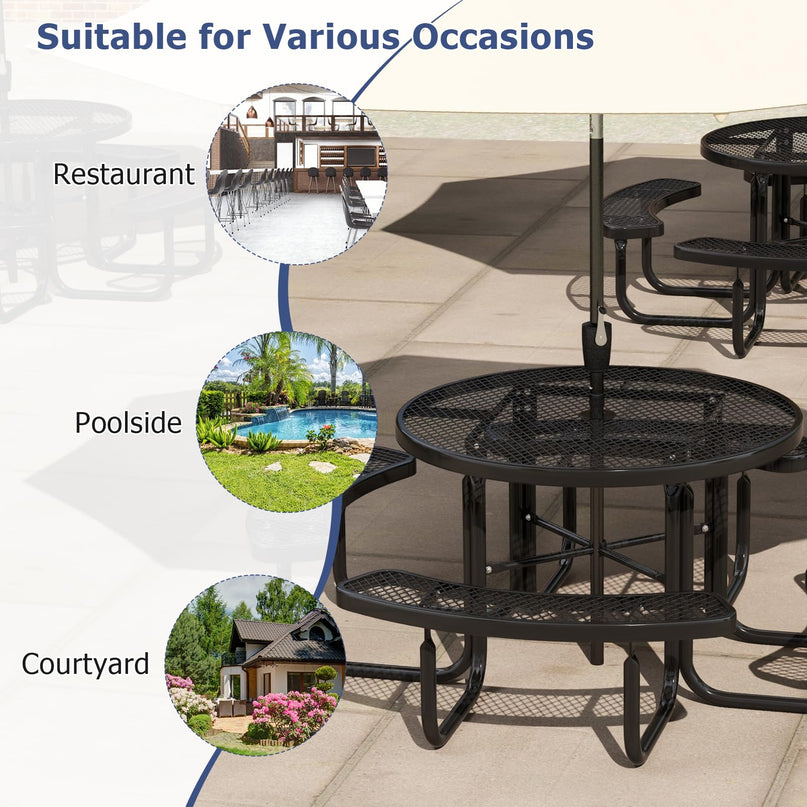 Giantex Round Picnic Table Set for 8 Persons, 45 Inch Outdoor Table and Bench Set with Umbrella Hole