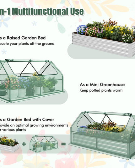 Giantex Galvanized Steel Raised Garden Bed with Mini Greenhouse, Outdoor Metal Planter Box Kit with Large Roll-up Cover