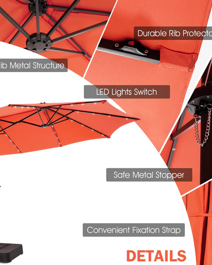 15ft Large Outdoor Umbrella Double-Sided, 48 Solar Lights, Auto-Charging Solar Panel