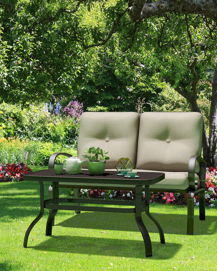 2 Pcs Patio Loveseat with Coffee Table Outdoor Bench with Cushion and Metal Frame
