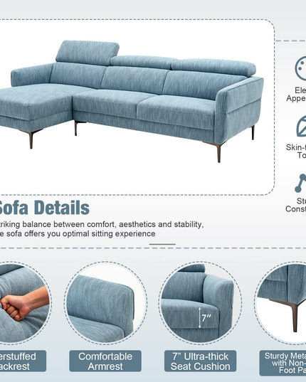 Giantex L-Shaped Sofa Couch, 3-Seat Upholstered Sofa with Wide Chaise Lounge, Adjustable Headrest, Blue