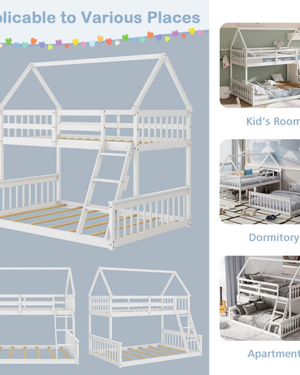 Giantex Twin Over Full House Bunk Bed, Floor Low Bunk Bed Frame w/Integrated Ladder & Safety Guardrails