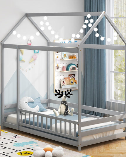 Giantex Twin Floor Bed with Fence, Wood Montessori Bed with Safety Guardrails and 80.5" High Roof Design