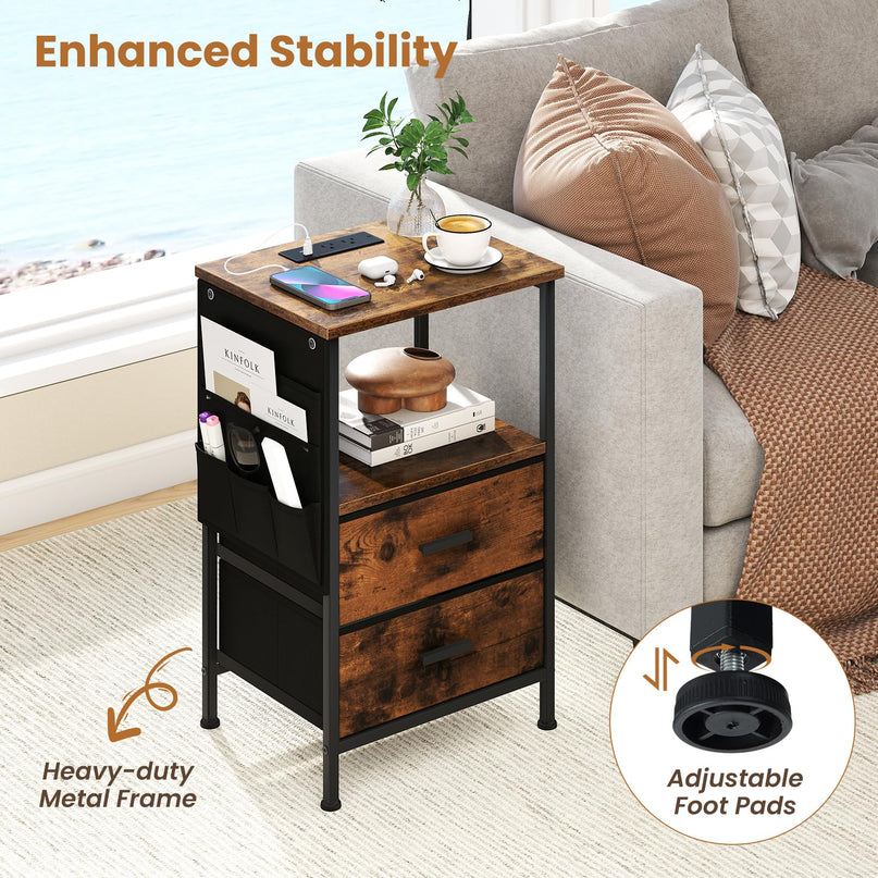 Table de chevet Giantex avec station de recharge | Table d'appoint de canapé à LED avec 2 tiroirs en tissu pliable