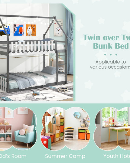 Giantex Bunk Bed Twin Over Twin, Wood House Low Bunk Bed with Ladder & Fence Safety Guardrail