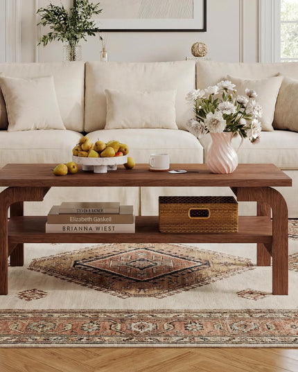 Table basse moderne du milieu du siècle Giantex de 119 cm à 2 niveaux rectangulaire avec étagère de rangement