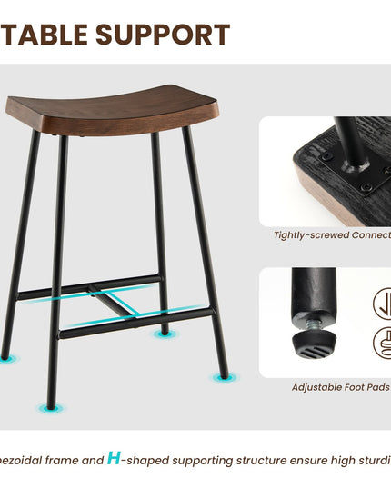 Industrial Saddle Stool with Footrest, Metal Legs, Adjustable Foot Pads, Backless Counter Height Chair for Living Room Kitchen Bar