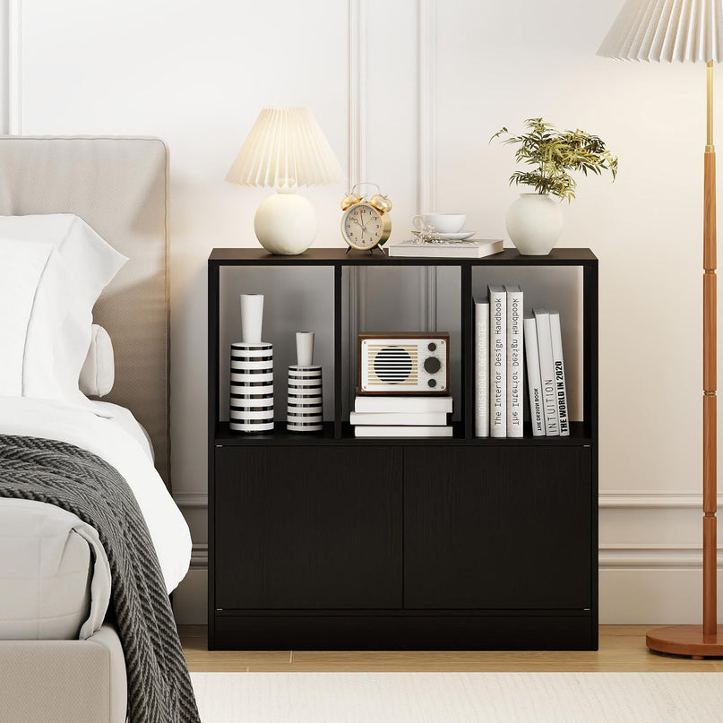 Giantex 3-Cube Bookcase with Doors 3-Tier Cubic Bookshelf with Open Compartments and Cabinet