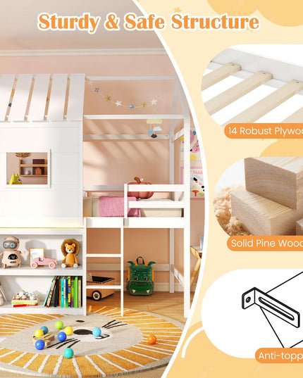 Giantex Twin Size Loft Bed with LED Lights Roof Window & Storage Bookshelf